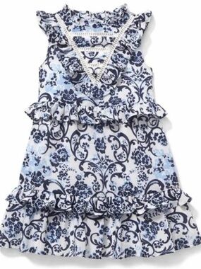Janie & Jack Girls Size 5 Blue and White Floral Ruffle Dress